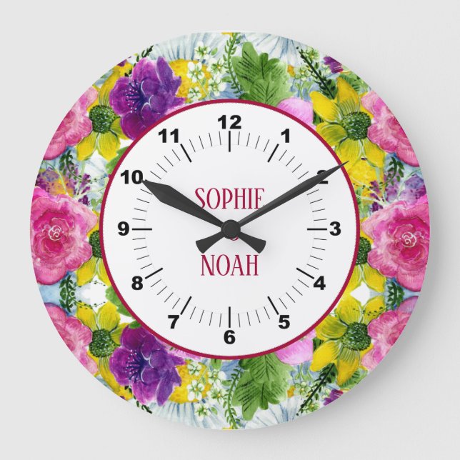 Burgundy Pink Floral Garland Rescheduled Wedding Large Clock (Front)