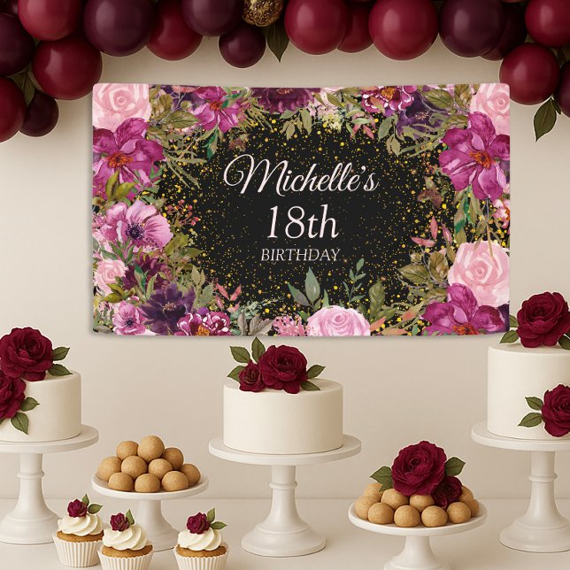 Burgundy Pink Floral Glitter Black 18th Birthday  Banner (Pink and black floral 18th birthday banner)