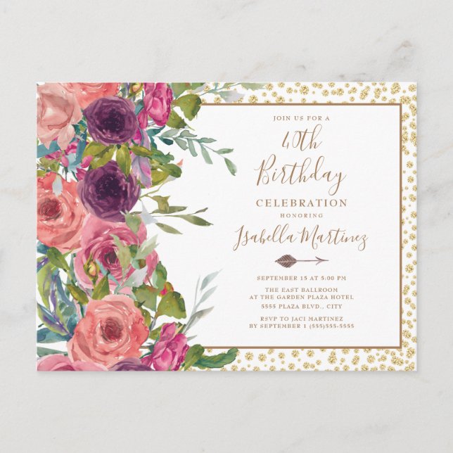 Burgundy Pink Floral Gold Glitter 40th Birthday Invitation Postcard (Front)