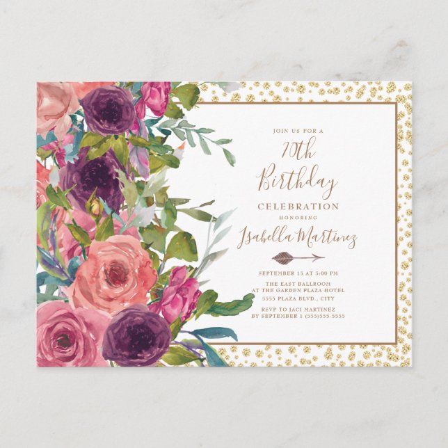 Burgundy Pink Floral Gold Glitter 70th Birthday Invitation Postcard (Front)