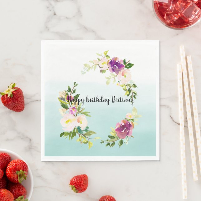 Burgundy Pink Floral Mint Ombre watercolor Napkin (Insitu)