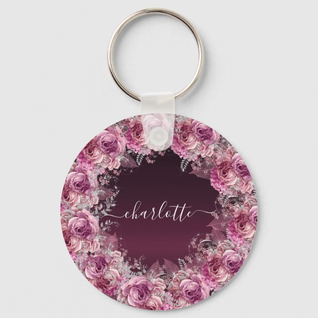 Burgundy pink floral name script keychain (Front)