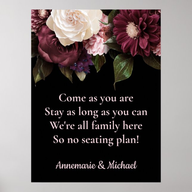 Burgundy & Pink Floral No Seating Plan Wedding Poster (Front)