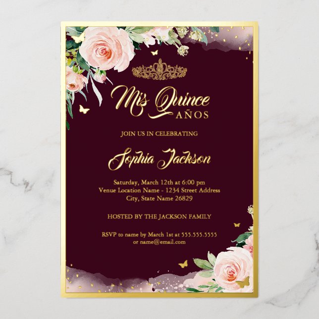 Burgundy Pink Floral Quinceanera Birthday  Foil In (Front)
