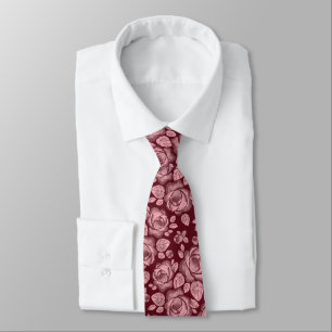 Burgundy Pink Floral Rose Pattern Neck Tie