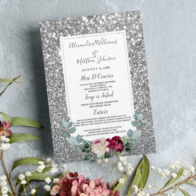 Burgundy pink floral silver glitter Wedding Menu (Burgundy pink floral silver glitter Wedding Menu)