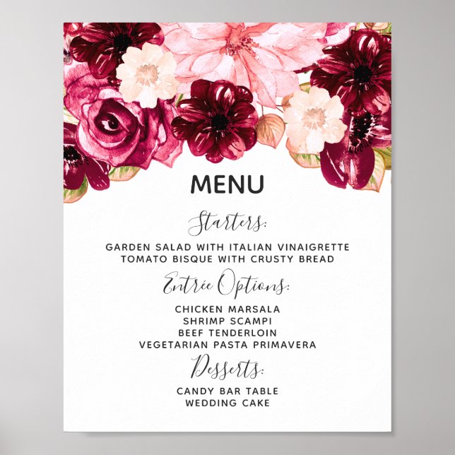 Burgundy & Pink Floral Wedding Menu Table Sign (Front)