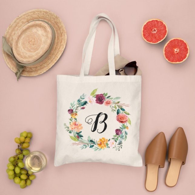 Burgundy Pink Floral Wreath Monogram Initial Tote Bag (Creator Uploaded)