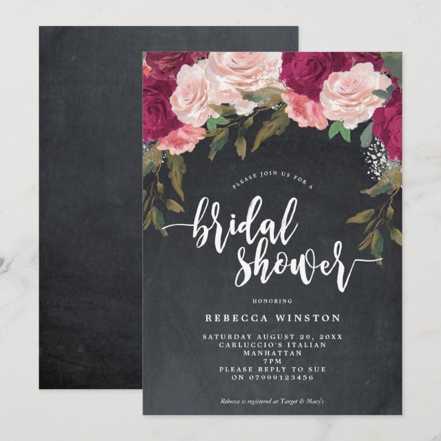 burgundy pink florals bridal shower invite (Front/Back)