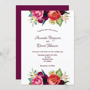 Burgundy pink florals fall white wedding invitation