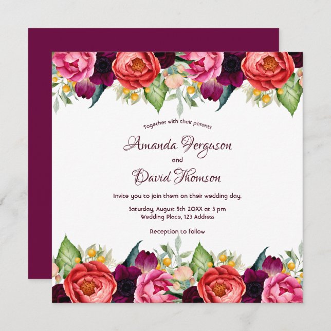 Burgundy pink florals fall white wedding invitation (Front/Back)