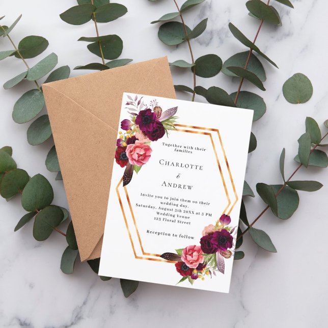 Burgundy pink florals gold geometric boho wedding invitation (Creator Uploaded)
