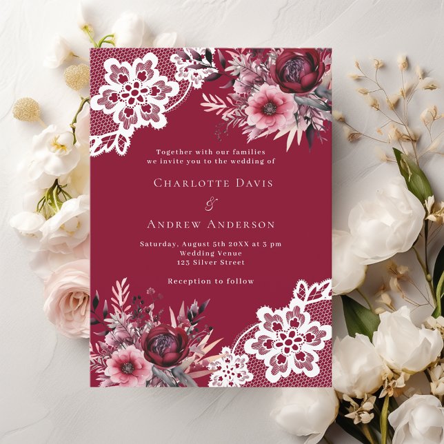 Burgundy pink florals white lace wedding invitation (Creator Uploaded)