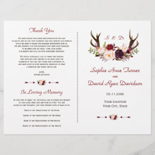 Burgundy Pink Flowers Antlers Wedding Program