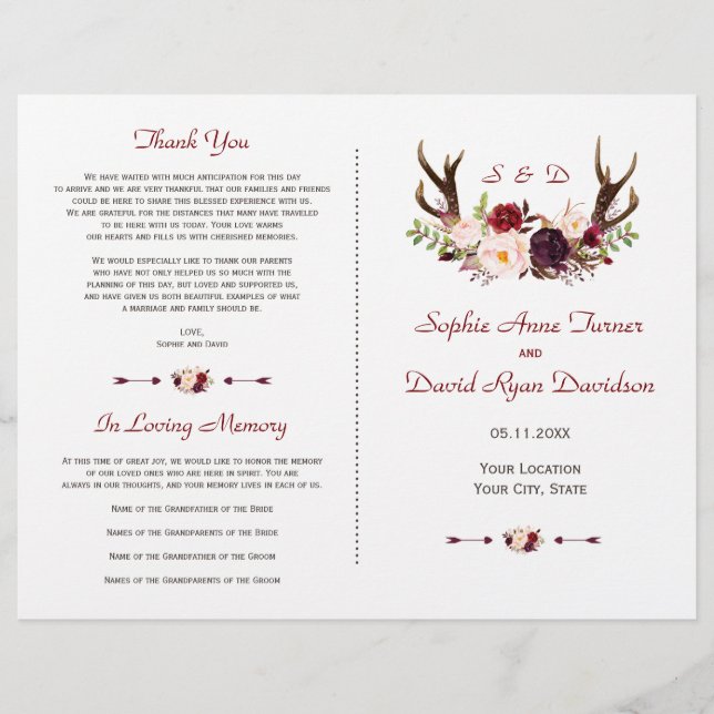 Burgundy Pink Flowers Antlers Wedding Program (Front)