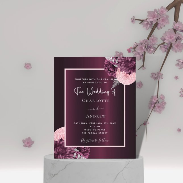 Burgundy pink flowers budget wedding invitation (Creator Uploaded)