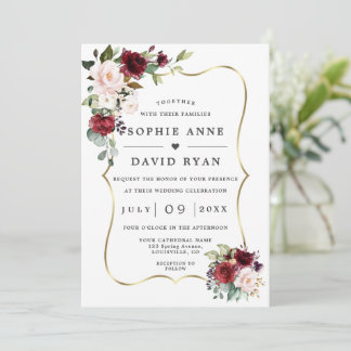 Burgundy Pink Flowers Gold All In One Wedding   Invitation