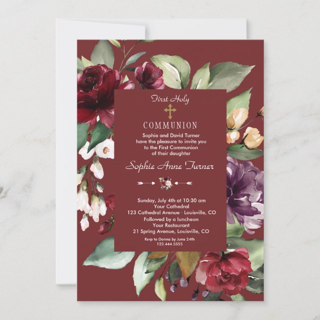 Burgundy Pink Flowers Gold First Holy Communion Invitation (Front)