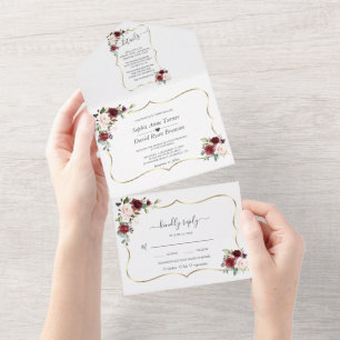 Burgundy Pink Flowers Gold Frame Wedding  All In One Invitation