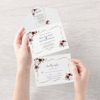 Burgundy Pink Flowers Gold Frame Wedding  All In One Invitation