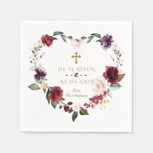 Burgundy Pink Flowers He Is Risen Gold Easter Napkin