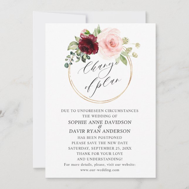 Burgundy Pink Flowers Wedding Change Of Plan Invitation (Front)