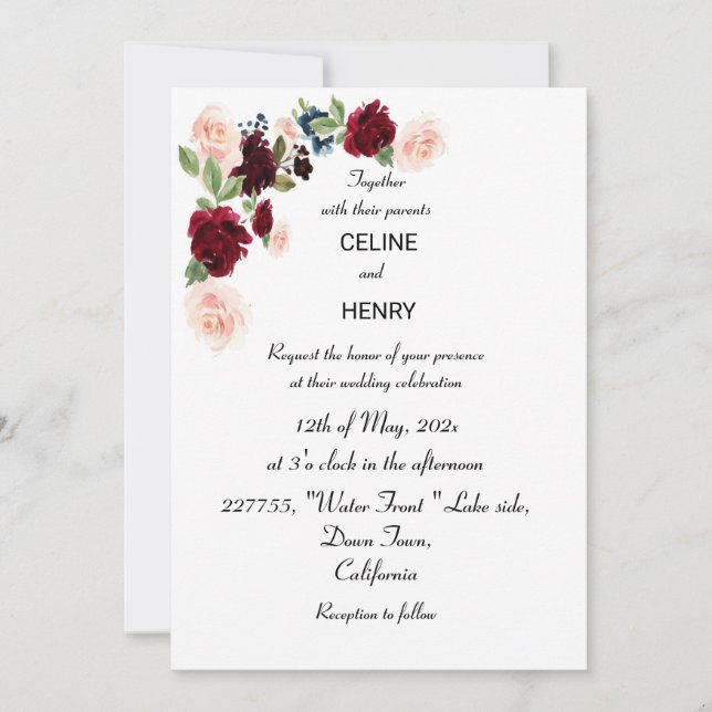 Burgundy Pink Forest Green wedding Invitation (Front)