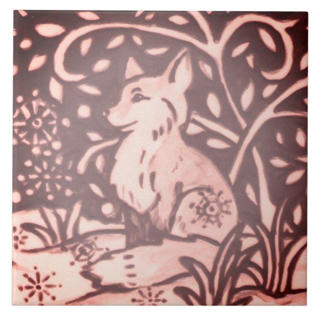 Burgundy Pink Fox Floral Foliage Woodland Decor Tile (Front)