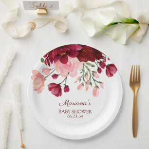 Burgundy Pink Girl Baby Shower Paper Paper Plate