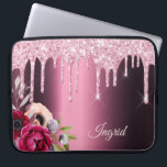 Burgundy pink glitter drips flowers name laptop sleeve<br><div class="desc">Pink faux glitter drip,  paint drip look on a burgundy faux metallic looking background. Burgundy and rose gold coloured Flowers. Template for Your name.  The name in pastel pink is written with a modern and trendy hand lettered style script.</div>