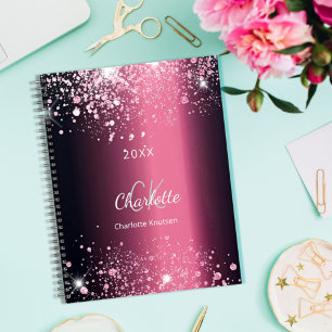 Burgundy pink glitter dust monogram name 2022 planner
