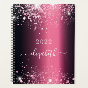 Burgundy pink glitter dust monogram script planner