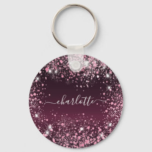 Burgundy pink glitter dust name script  keychain