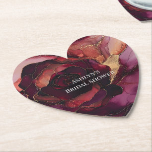 Burgundy Pink Gold Floral Bridal Shower Paper Coaster
