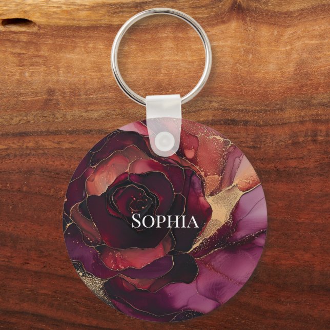 Burgundy Pink Gold Floral  Keychain (Front)