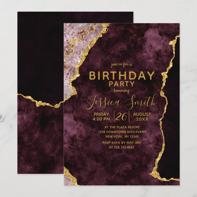 Burgundy Pink Gold Foil Birthday Party Invitation (Front/Back)