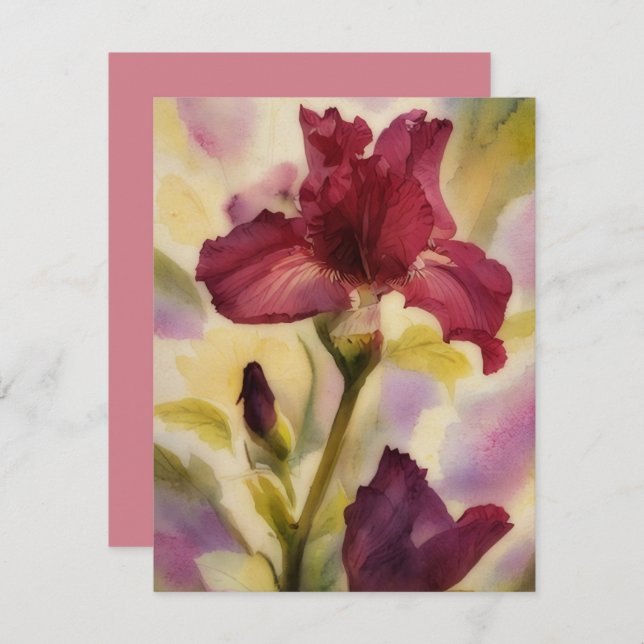 Burgundy Pink Iris Flower Art Note Card Set (Front/Back)