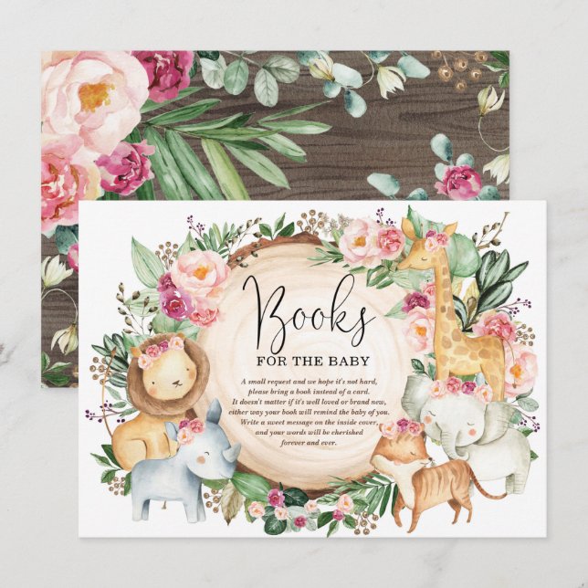 Burgundy Pink Jungle Safari Books for Baby Girl Enclosure Card (Front/Back)