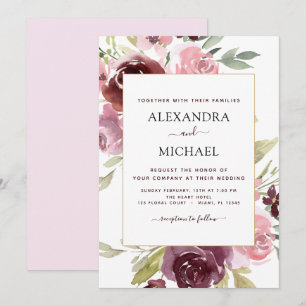 Burgundy Pink Modern Watercolor Floral Wedding Invitation