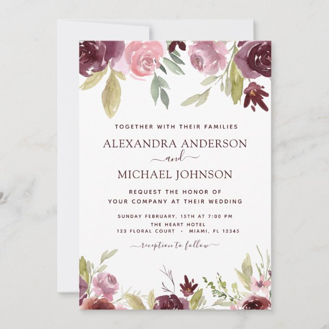 Burgundy Pink Modern Watercolor Floral Wedding Invitation (Front)
