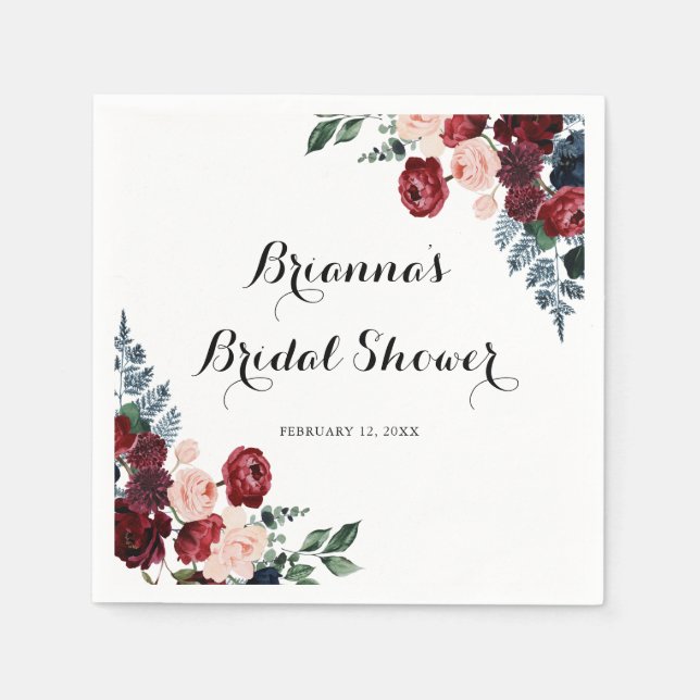 Burgundy Pink Navy Floral Bridal Shower  Napkin (Front)
