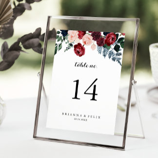 Burgundy Pink Navy Floral Calligraphy Wedding  Table Number