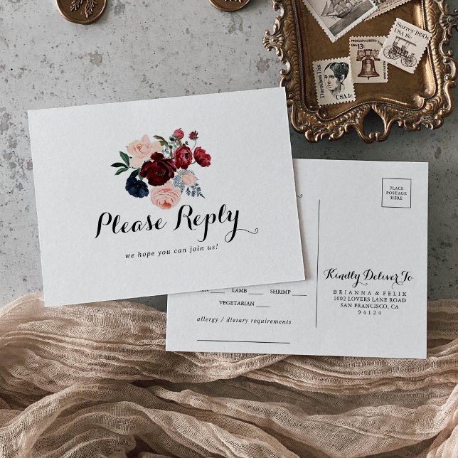 Burgundy Pink Navy Floral Menu Choice RSVP  Postcard (Creator Uploaded)
