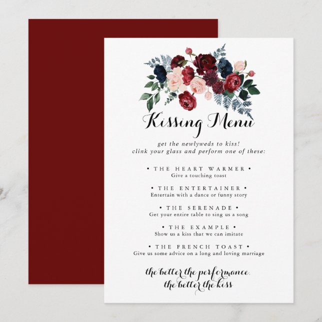 Burgundy Pink Navy Mariage Kissing Menu Carte de j (Devant / Derrière)