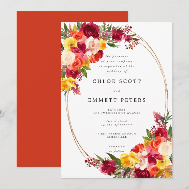 Burgundy Pink Orange Yellow Floral Wedding Invitation (Front/Back)