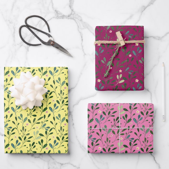 Burgundy pink pattern watercolor leaves wrapping paper sheet (Front)