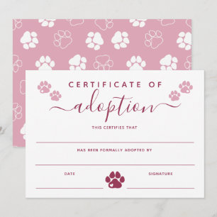 Burgundy Pink Paw Prints Certificate of Adoption