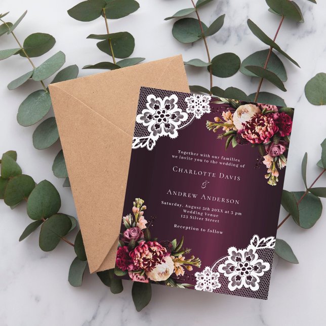 Burgundy pink peach floral lace wedding invitation (Creator Uploaded)