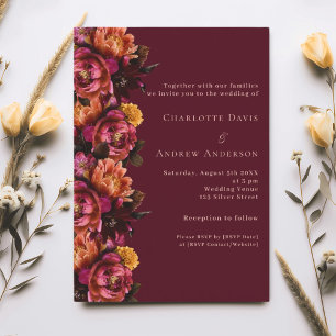 Burgundy pink peach floral wedding RSVP Invitation