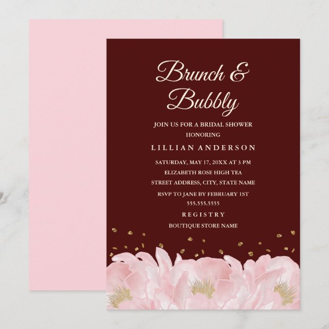 Burgundy Pink Peony Brunch and Bubbly Shower Invitation (Front/Back)